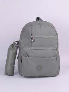 Kit Mochila e Estojo Escolar Juvenil Faculdade Nylon Impermeável Pequena Liso C304 - Cinza - Visão 1