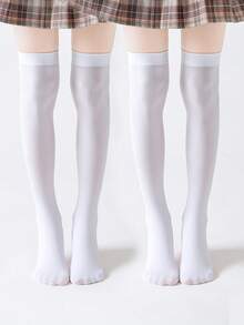 2 pares de medias blancas rectas hasta la pantorrilla y por encima de la rodilla, calcetines de estudiante - Blanco - Ver 6