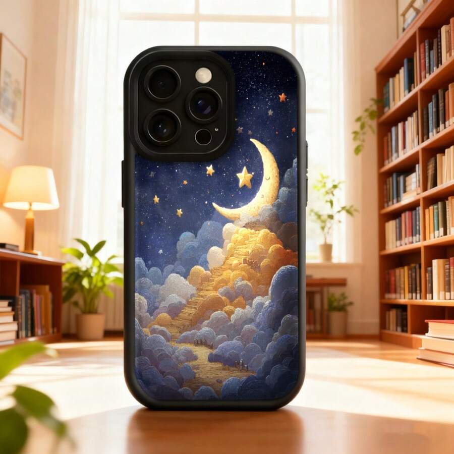 Cubierta de teléfono con diseño de cielo nocturno y luna creciente en tonos azules y dorados para uso diario en interioresAplicable a teléfonos Apple y Galaxy. - Blanco - Ver 1