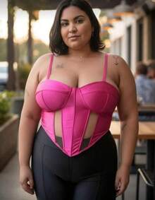 Corset Feminino Acetinado Plus Size em Tule  Detalhe da taça - Rosa chiclete - Visão 3