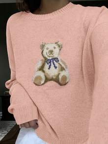 女士休闲可爱卡通熊圆领长袖针织衫，适合情人节约会、新年、狂欢节、除夕、夏季、女士生日、夏季假期、优雅女士上衣、街头服饰、教师节、冬季、感恩节、秋季、返校季、派对等场合。