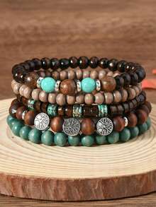 5pcs/Set Bohemian Style Fashionable Wood Bead, Patterned Alloy Leaf And Multi-Layered Bracelet For Men's Daily Wear, Suitable As A Gift For Friends - Multicolor - View 8