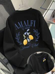 Unisex's Italian Amalfi Coast Lemon & Limoncello Print Sweater - Soft Round Neck Pullover, Machine Washable Casual Sweater For FallWinter, Amalfi Coast Lettering & Lemon Design, Italian-Inspired Casual Wear (Limoncello Liqueur Fans) - Relaxed Fit, Long Sleeve, Double-Sided Print, Vibrant Blue & Yellow Lemon & Leaf Logo, Suitable For Layering Or Standalone Wear - 黑色 - 查看 1