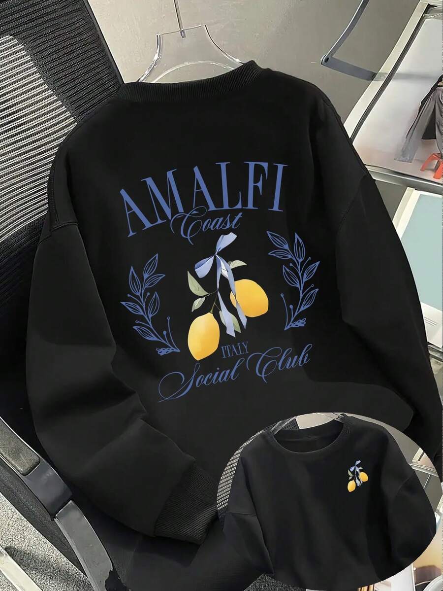 Unisex's Italian Amalfi Coast Lemon & Limoncello Print Sweater - Soft Round Neck Pullover, Machine Washable Casual Sweater For FallWinter, Amalfi Coast Lettering & Lemon Design, Italian-Inspired Casual Wear (Limoncello Liqueur Fans) - Relaxed Fit, Long Sleeve, Double-Sided Print, Vibrant Blue & Yellow Lemon & Leaf Logo, Suitable For Layering Or Standalone Wear - 黑色 - 查看 1