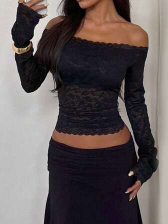 WOWDARK Women's Winter Tops, Black Lace Trim Off-Shoulder Long Sleeve Casual Blouse, Suitable For Valentine's Day, Dates, Gatherings, Parties, Travel, Vacation, Beach And Other Occasions
