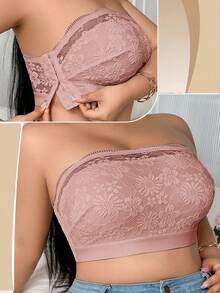 Plus Size Comfortable Side Buckle Lace Patchwork Wireless Bra - Apricot - View 3