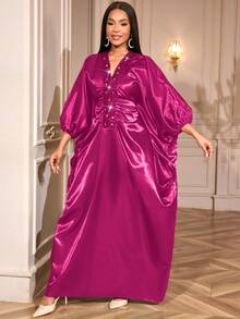 AOMEI 奢华女士玫红色缎面非洲布布连衣裙，亮片褶裥点缀，深V领闪亮长款晚礼服，适合晚宴、婚礼宾客等场合。 - 玫紅色 - 查看 7