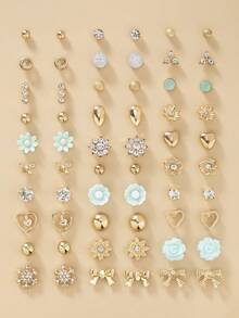 30pcs/Set Assorted Heart, Flower, Bow Stud Earrings, Metal Rhinestone Casual Everyday Jewelry Gift Set - Multicolor - View 6