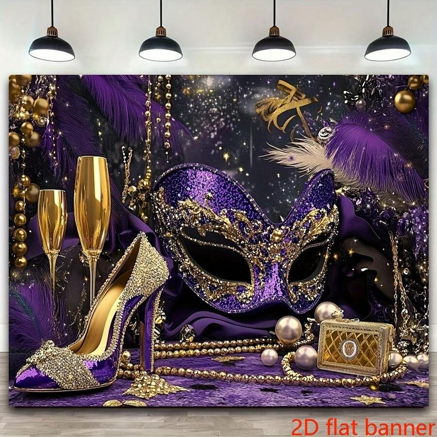 2D Flat Banner Luxurious Venetian Masquerade Ball Background Wall, Paired With Elegant Masks, Champagne Glasses, And Charming High Heels - Deep Purple Gold And Black Luxurious Photo Background, Adorned With Beads And Feathers - Durable And Suitable