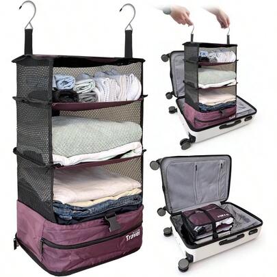 Stow-N-Go Portable Hanging Travel Shelves Packing Organizer For Luggage. Carry On Closet With Hanger For Clothes. Expandable Packing Cube. Travel Essentials From. Small Burgundy