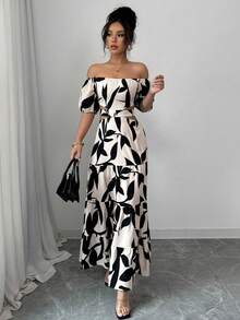 Vestido casual de mujer sin hombros con estampado(Diseño con lazo trasero), Vestidos largos elegantes para mujer, perfectos para las vacaciones de verano - Negro - Ver 6