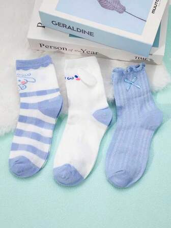 Sanrio 1/3 Pairs Of Women's Medium Stockings, Sanliou Jade Dog, Embroidered Sweet Thin Stockings, Women's Light Blue Lolita Cute Jade Dog Medium Stockings