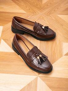 女士乐福鞋，圆头流苏平底乐福鞋，户外复古平底鞋，女士休闲鞋，女士平底鞋 - 巧克力棕 - 查看 7