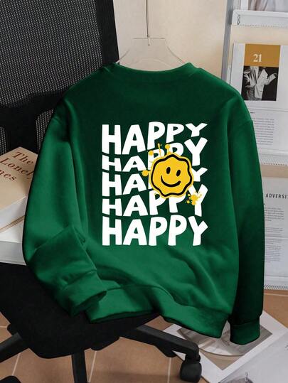 1 件男童长袖圆领套头衫，印有“HAPPY”字样，舒适时尚，休闲百搭，适合年轻男孩/青少年男孩/准男孩的秋冬新款上衣系列