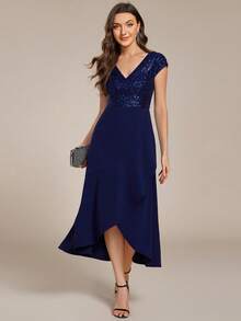 EVERPRETTY Elegant Navy Blue V-Neck Sequin Bodycon Mini-To-Midi Formal Dress, Suitable For Evening Gala Or Wedding Guest Spring Party - Navy Blue - View 6