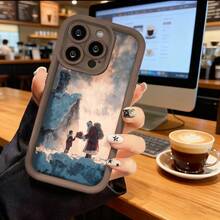 Cubierta de telefono con borde negro diseño navideño con Santa Claus y niño en paisaje invernal para uso diario y regalo - Negro - Ver 5