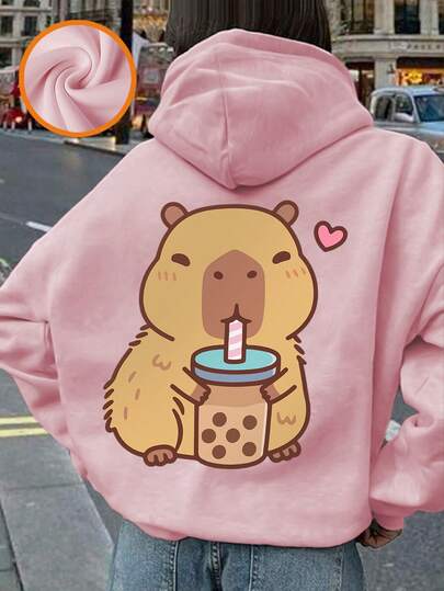 1pc Girls Casual Printed Pullover Hoodie Sweatshirt, Thermal Lined, Long Sleeve, Autumn/Winter