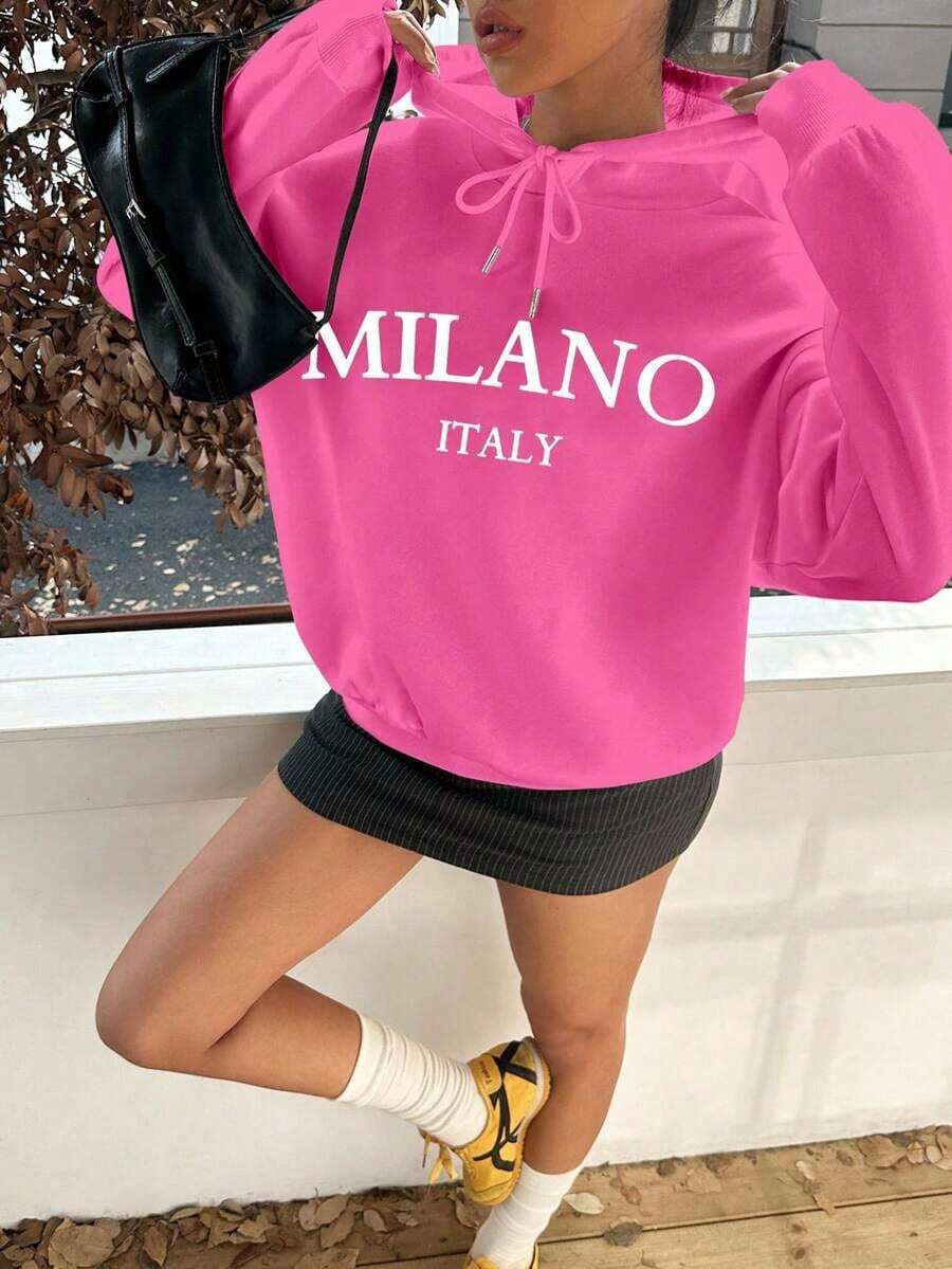 Popular Hoodies For GirlsWomen's Casual Simple Milano Pattern White Hoodie Sweatshirt, Loose Fit, Thick Thermal Lined, Suitable For Autumn And Winter,Long Sleeve Tops Back To School Fall And Winter Clothing Autumn And Winterroomy And Comfortable - 玫紅色 - 查看 1