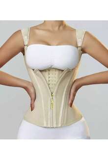 Corset modelator pentru femei | Bretele reglabile pentru umeri și suport cu țesătură osoasă | Lenjerie modelatoare cu compresie dublă, închidere cu fermoar | Material latex neted, negru, la modă | Vestă modelatoare pentru abdomen, îmbunătățește silueta și talia, articol vestimentar modelator | Etanșare sigură cu fermoar | Lenjerie modelatoare abdominală - Bej - Vizualizare 7