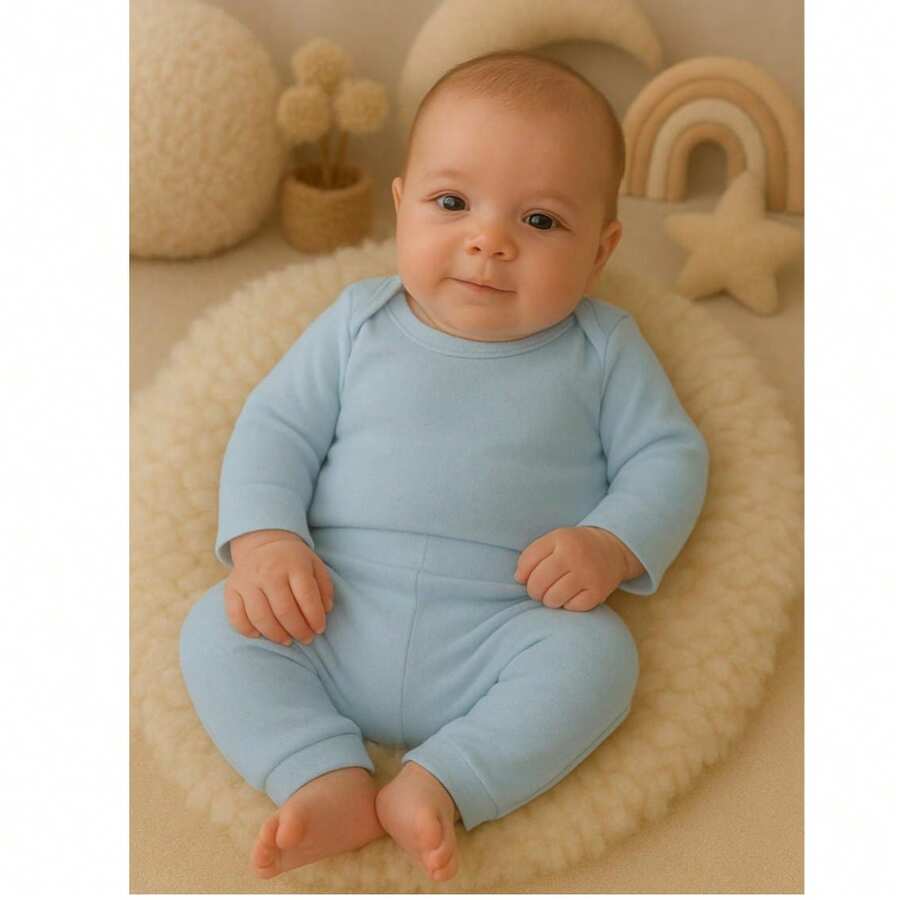 Baby 2-Piece Set: Long-Sleeved Bodysuit And Footed Pants, 100% Cotton Suedine Fabric, Maternity Layette, Kids' Romper, Children's Clothing - 藍色 - 查看 1