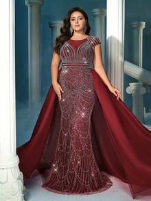 Đầm Maxi dự tiệc cổ tròn tay lỡ thanh lịch dành cho nữ, đính sequin tương phản và chi tiết lưới, khóa kéo - Màu Đỏ Sâu - Xem 5