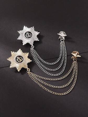 1pc Men's British Style Crown Star Chain Brooch, Vintage Suit Lapel Pin, Fashion Accessory For Men