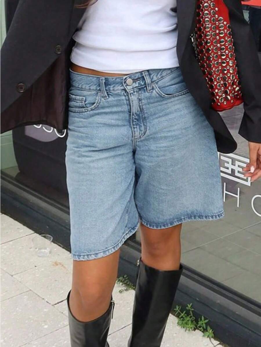 Quần short denim cạp thấp, kiểu dáng thường ngày, dành cho thiếu niên. - Rửa trung bình - Xem 1