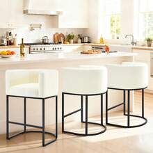 26" H Counter Height Bar Stools Set Of 1/2/3/4, Modern Upholstered Barrel Stools With Backrest And Armrests, Linen Fabric Kitchen Island Barstools With Sturdy Metal Frame, Support 450 LBS - Màu be - Xem 5