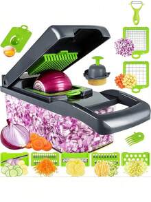 16pcs Multi-Function Kitchen Slicer Set, Manual Vegetable Cutter Dicer Shredder With Stainless Steel Blades, Plastic, Rectangle Shape, No Power Supply Needed - Multicolor - View 2