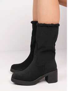 Mid Calf Winter Boots With Soft Lining And Block Heel - Black - View 2