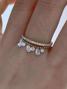 Light Luxury Fairy-Inspired Asymmetrical Waterdrop Tassel Sparkling Synthetic Zirconia Pendant Adjustable Ring - Stylish Youthful Accessory, Luxurious Designer Jewelry