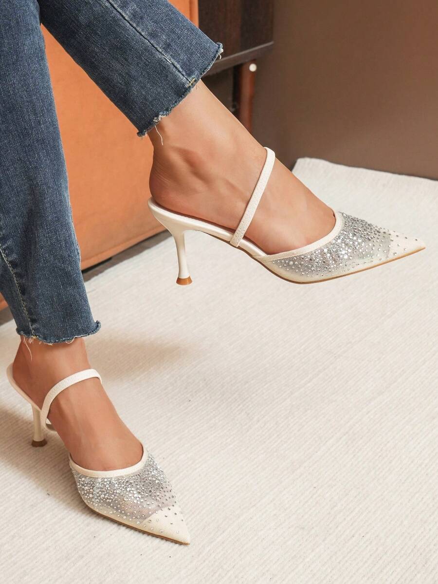 RevReaL Mesh Slingback Heels With Rhinestones – Pointed-Toe Kitten Heel (Rhinestone Beach) - White - View 1