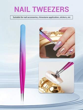1支彩色美甲镊子，尖头设计，适用于美甲装饰、睫毛修剪，适合女性和美容师使用