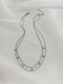 Tkool 1入組女士金色不鏽鋼雙層多鑽石流蘇閃亮花瓣連鎖項鍊（隨機數量吊墜） - 銀色 - 查看 5