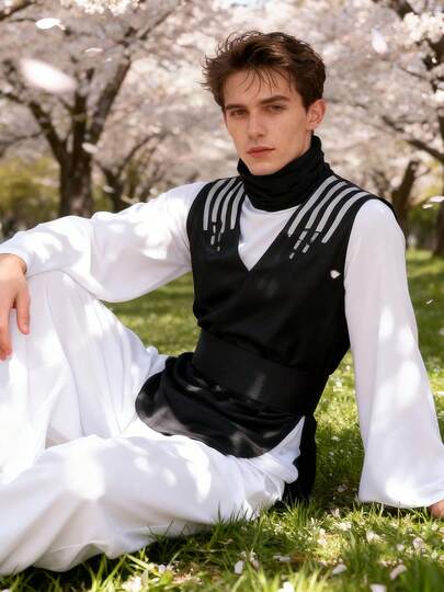 Konstnärlig fotografi Herrarnas nya kinesiska lager-på-lager-set, lösa byxor med vida ben, romantisk outfit för körsbärsblommorna