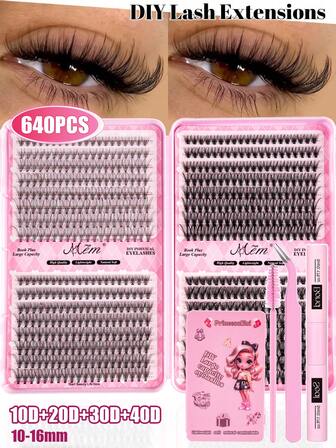 640Pcs Lash Extension Kit, DIY Eyelash Extension Kit Individual Lashes Cluster D Curling, Lash Clusters With Lash Bond And Seal And Lash Applicator Brush Tool For Self Application At Home(10D-20D-30D-40D-50D-60D) Lash Clusters Kit, Lashes, Eyelashes, Fake Lashes,Suitable For Travel, Daily Wear For Beginners, Weddings, Dates, Parties, Festivals, Very Suitable For Christmas/Halloween/Gift Eyelash Bundles