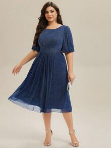 EVERPRETTY Vestido de invitada de boda de talla grande, elegante y minimalista, con cintura ceñida, con rayas metálicas plateadas y azul marino brillante, adecuado para ocasiones de boda semiformal - Azul Marino - Ver 1