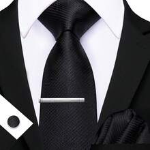 4pcs Men's Business Tie Dark Grey Black Plaid Checks Geometric Floral Jacquard Ties Formal Fashion Necktie Hanky Square Clip Set Wedding Party Gift - Multicolor - View 14