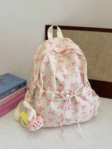 Mochila dobrável branca de nylon, estilo universitário casual, com estampa de laço, cordão, vários bolsos, grande capacidade e pingente de desenho animado. Ideal para estudantes, formandos, aulas, treinos, deslocamentos, passeios, compras, viagens, organização de pertences e como presente de formatura. - Branco - Ver 4
