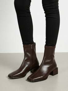 Fall/Winter 2025 Spring/Autumn New Square Toe Ankle Boots For Women, French Style Chunky Heel Mid-Heel Elastic Slim Boots - Brown - View 3