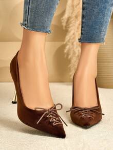 女士尖头丝绒系带时尚高跟鞋，优雅办公通勤鞋，酒红色鞋跟 - 棕色 - 查看 1