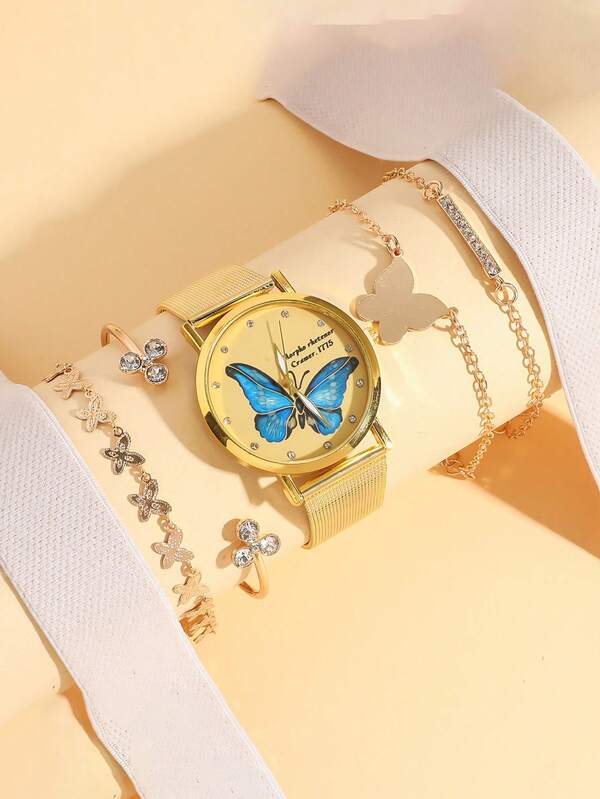 5件套蝴蝶印花女士腕表套装，镶钻，金色网状表带及配套手链 - 奢华时尚配饰套装，适合日常搭配，也是生日、女士礼物、周年纪念、促销、年末促销、网络星期一及其他节日的理想礼品。不含礼盒。
