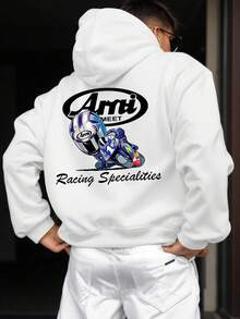Men's Winter New Sports Casual Drawstring Sweatshirt, Professional Racing Pattern Print, Warm & Comfortable, Suitable For Friends, Teams, Clubs, Outdoor Travel In Winter, Daily Casual Wear, Gym Workout, Lightweight Sports Hooded Sweatshirt, Versatile - White - View 1