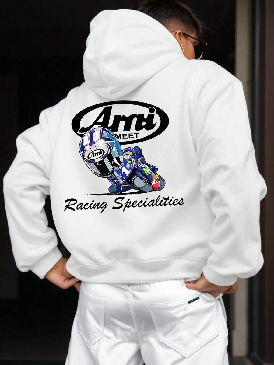 Men's Winter New Sports Casual Drawstring Sweatshirt, Professional Racing Pattern Print, Warm & Comfortable, Suitable For Friends, Teams, Clubs, Outdoor Travel In Winter, Daily Casual Wear, Gym Workout, Lightweight Sports Hooded Sweatshirt, Versatile - White - View 1