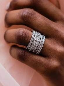 4件套奢华立方氧化锆戒指套装，女士婚礼订婚派对珠宝，情人节礼物 - 1# - 查看 9