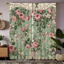 2pcs Elegant Pink Rose And Flower Pattern Curtains - Retro Green Background Curtains, Translucent Polyester Fiber Curtains, Easy To Hang Rod Pocket Design For Living Room And Bedroom, Machine Washable, Living Room Curtains - Multicolor - View 3