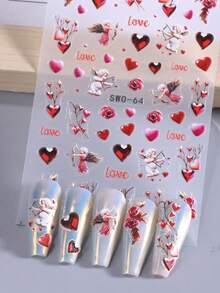 2张5D情人节红色浮雕美甲贴纸，自粘式，包含玫瑰、爱心、水钻、天使、花朵、藤蔓等爱情图案，美甲装饰配件，美甲用品 - 彩色 - 查看 7