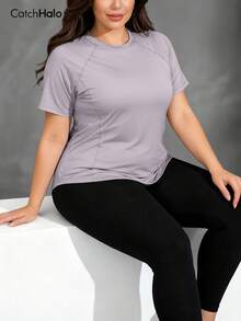 Plus Size Women Short Sleeve T-Shirt, Loose Fit Activewear Top, Suitable For Fitness, Yoga, And Casual Summer Wear Sports - Mauve Purple - View 4