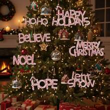 8Pcs Christmas Wood Word Cutout Signs Candy Striped Letter Signs Christmas Tree Hanging Ornaments with Rope - Rosa - Ver 1