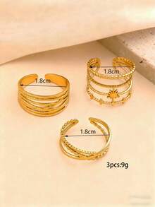 3pcs Stainless Steel Golden Sunburst Shaped Ring Set, Suitable For Women's Daily Decoration And Gift - Yellow Gold - View 3